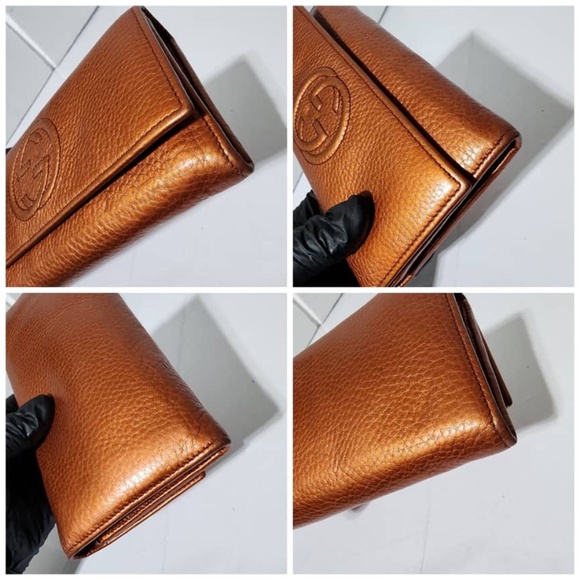 Authentic GUCCI Metallic Pebbled Calfskin Soho Continental Wallet Orange - Picture 11 of 13